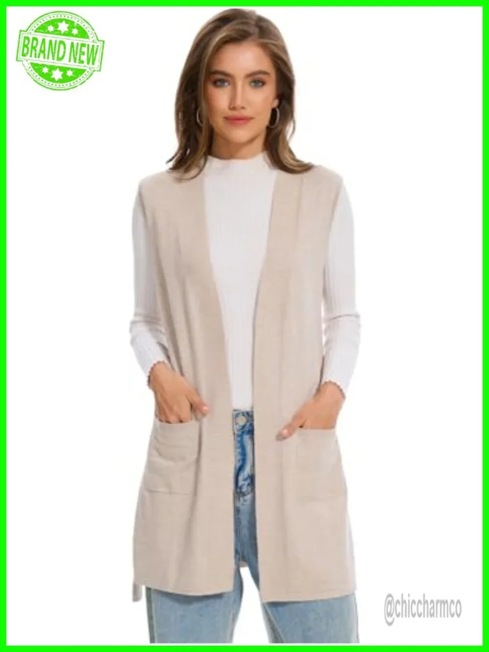 Sleeveless Ribbed Cardigan Vest with Pockets Open Front